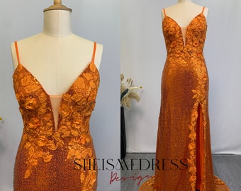 Stunning Mermaid Sparkly Orange Sequins Long Prom Dresses with Appliques, Floor-Length Evening Dress Wedding Party Dress Bridesmaids Dress