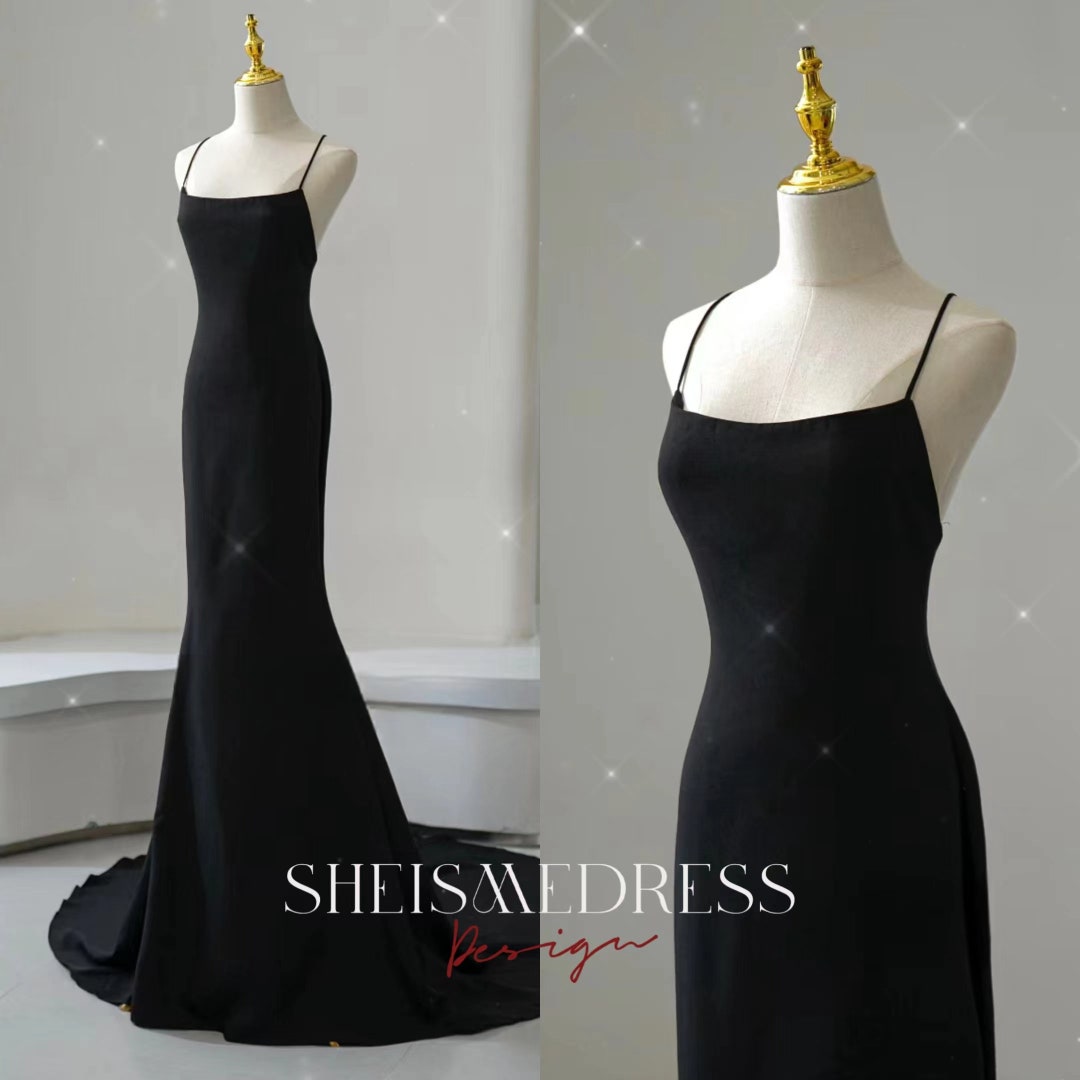 Sexy Long Mermaid Spaghetti Straps Black Prom Dresses main image 1
