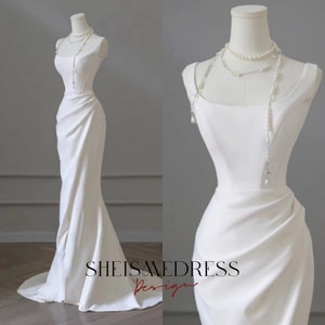 Satin Mermaid Wedding Dresses Ivory Pleated Scoop Neck Spaghetti Strap Chapel Train Beach Party Slim Long Bride Gowns（Pearls not included）