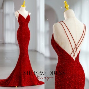 Red Sequins Evening Dresses Long Luxury 2023 Party Gown Spaghetti Strap ...