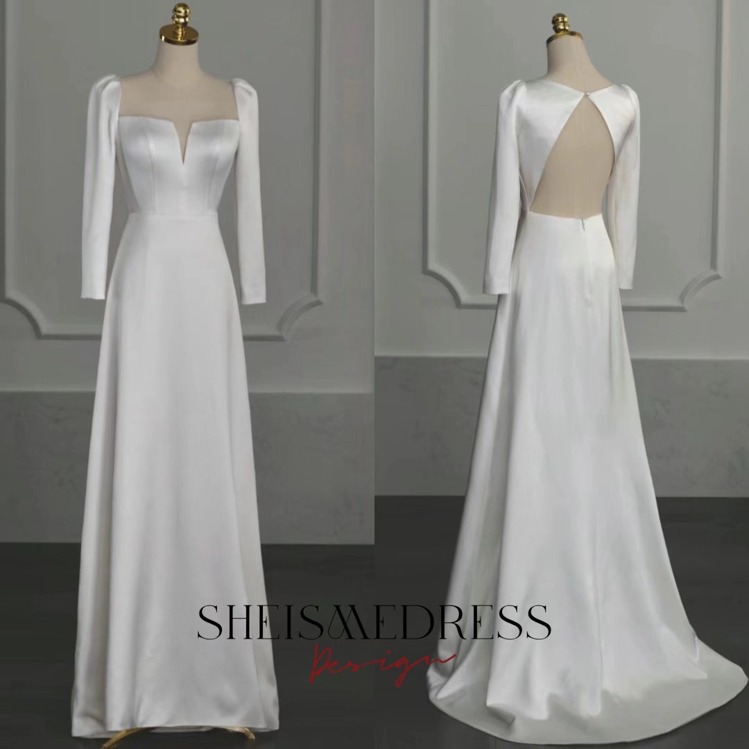 Simple Sheath Bridal Dress, V-neck Long Sleeve Wedding Dress, Crepe ...