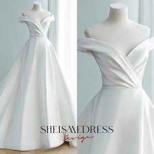 White Wedding Dresses for women Off Shoulder A-Line Satin Graceful Bride Gown 2023 Court Train