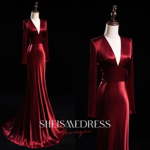 Burgundy Deep V-neck Full Sleeve Long Evening Dress Satin Floor Length with Open Back Prom Dresses