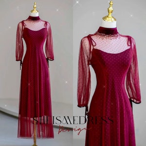 Elegant Burgundy Prom Dresses A-Line / Princess High Neck Beading Sequins Lace  Long Sleeve Backless  / Long Formal Dresses