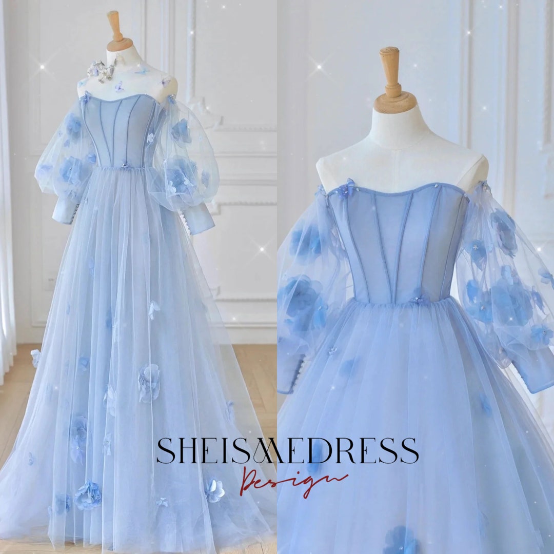 Blue Sweetheart Tulle 3D Flower Long Prom Dress Flowers Dress for ...