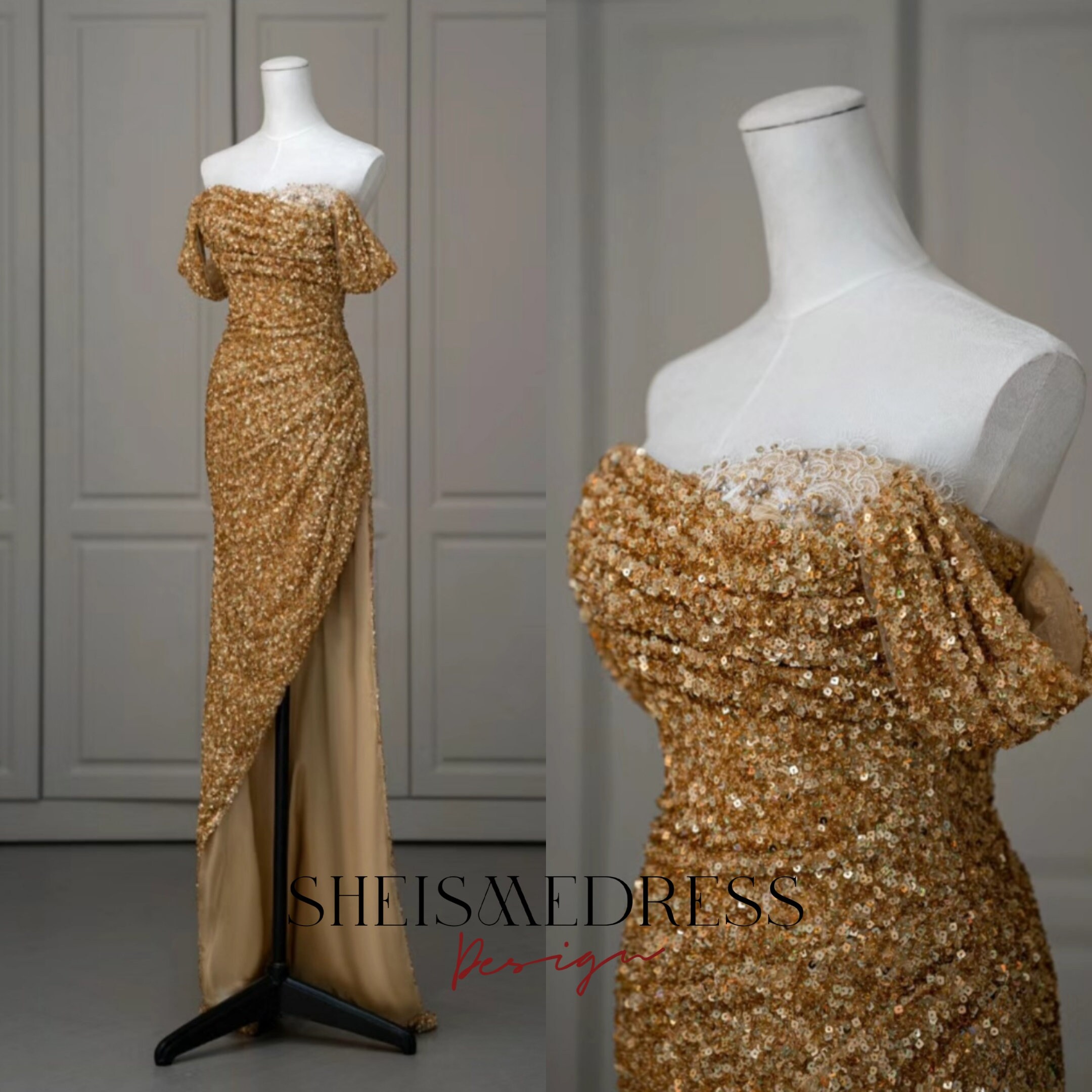 Dolly Gown Off Shoulders Tight Fit Gold Sequin Prom Dress