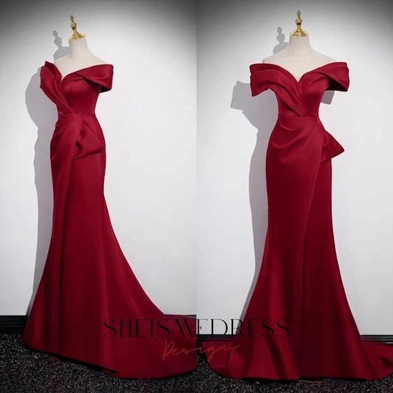 Wine Velvet off Shoulder Padded Gown | Velvet dress designs, Gown dress  party wear, Womens velvet dresses