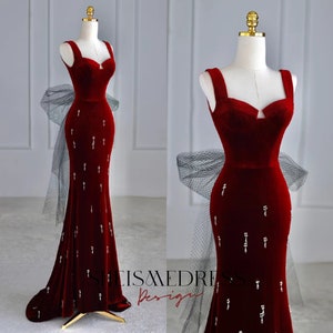 Burgundy Velvet Prom Dress, Mermaid Birthday Party Dress, Beaded ...