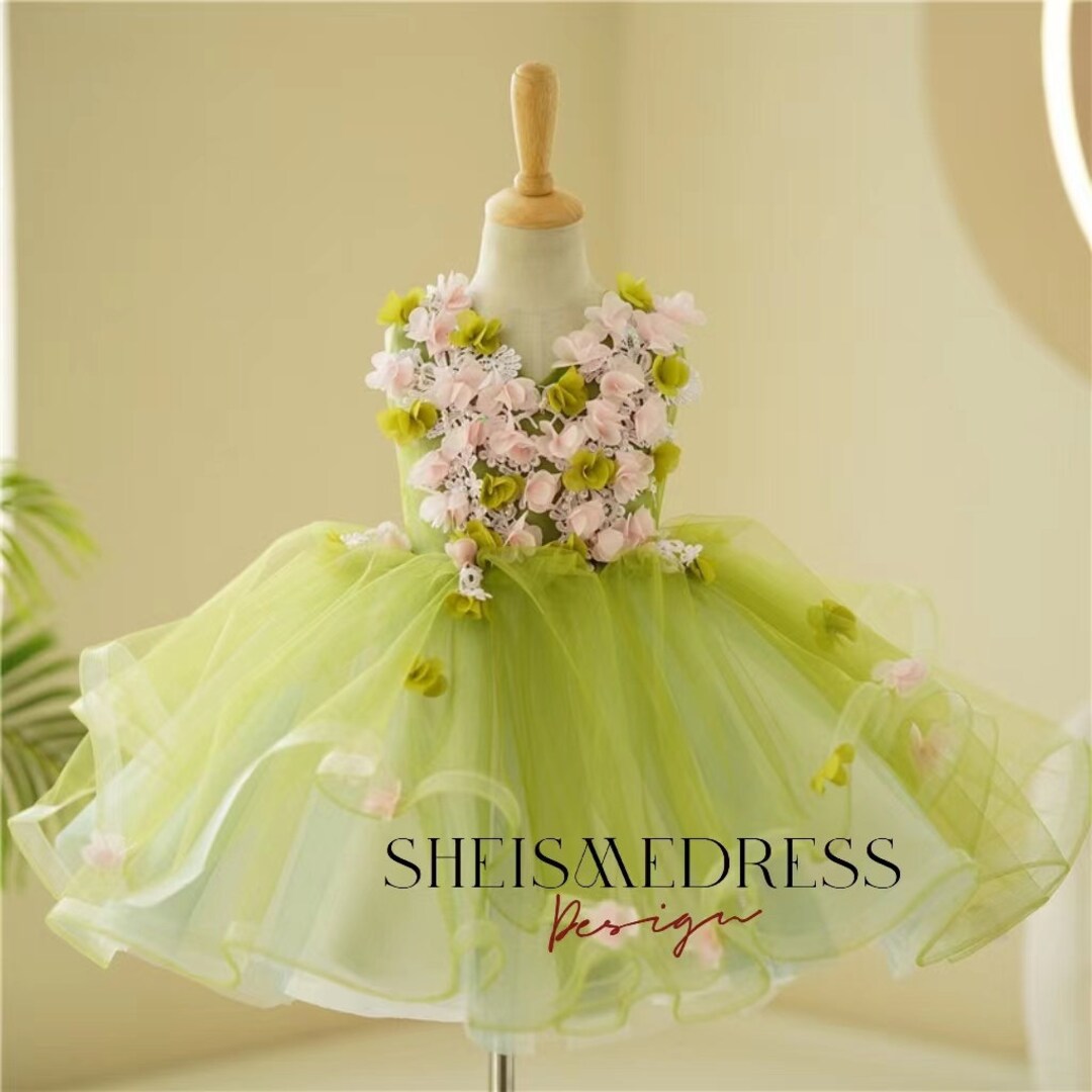 Flower Girl Dress Green,toddler Girl Birthday Dress, Pearled Baby