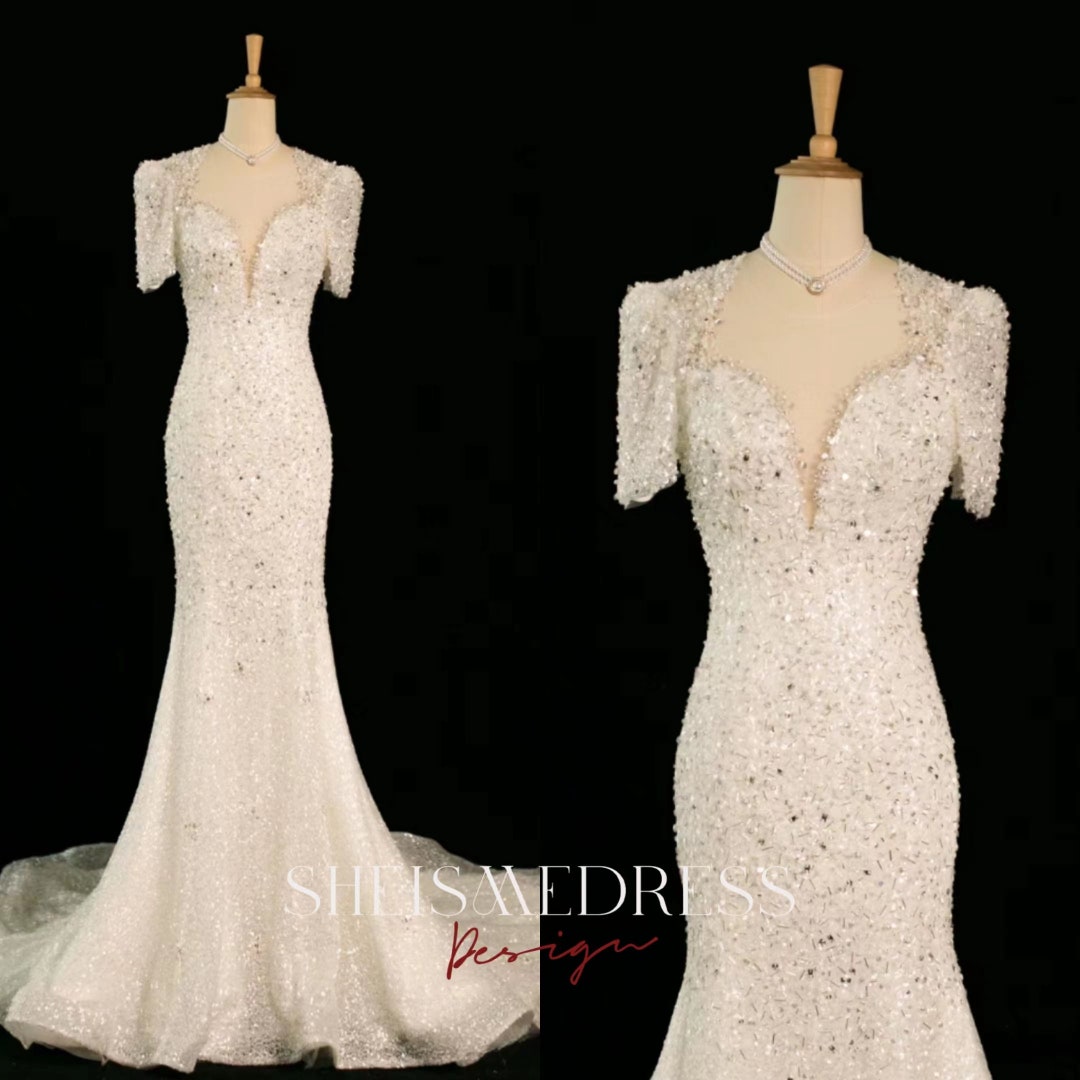 Sparkly Mermaid Wedding Dress Sequin Beading Wedding Dress V Neck Lace ...