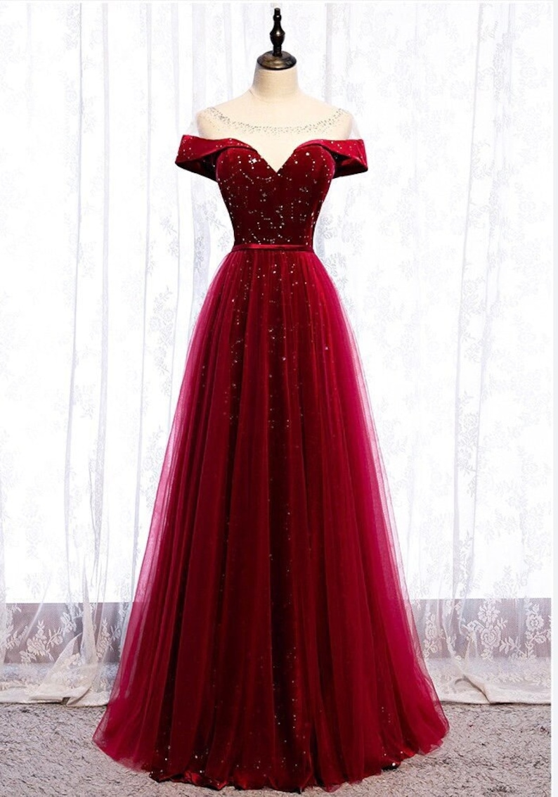 Vintage Red Dresses | Valentines Day Dresses, Outfits, Lingerie     Illusion-Off Shoulder A-Line Prom Dresses Scoop Neckline with Rhinestones Floor Length Evening Dress  AT vintagedancer.com