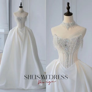 Strapless Backless Ball Gown Wedding Dress with Diamond Beads High Quality Satin Ivory Wedding Gown