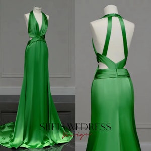 Chic Green Backless Halter Party Dress, Green Long Evening Dress Prom Dress