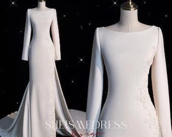 Mermaid Wedding Dress Lace Satin Simple Vintage Full Sleeves