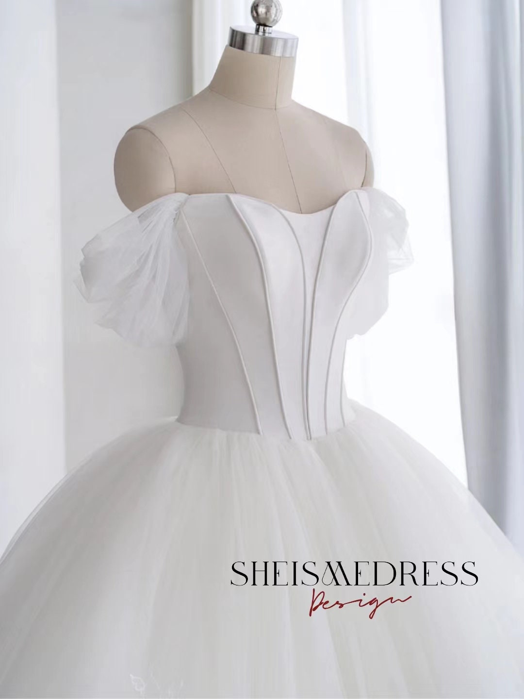 Off the shoulder Princess Wedding Dress with Satin Outer Skirt CW2513