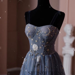 Beautiful Starry Sky Lace Prom Dresses A-Line Princess Tulle Spaghetti Straps Sleeveless Floor-Length Dress G-0018