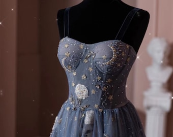 Beautiful Starry Sky Lace Prom Dresses A-Line Princess Tulle Spaghetti Straps Sleeveless Floor-Length Dress G-0018