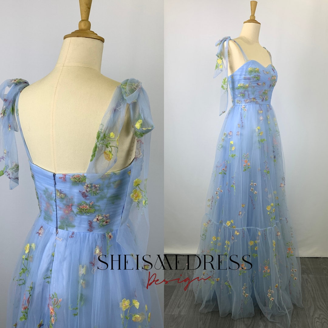 Dreamy Flower Fairy Light Blue 3D Floral V-Neck Tulle Ball Gown Evening Dress cc5344