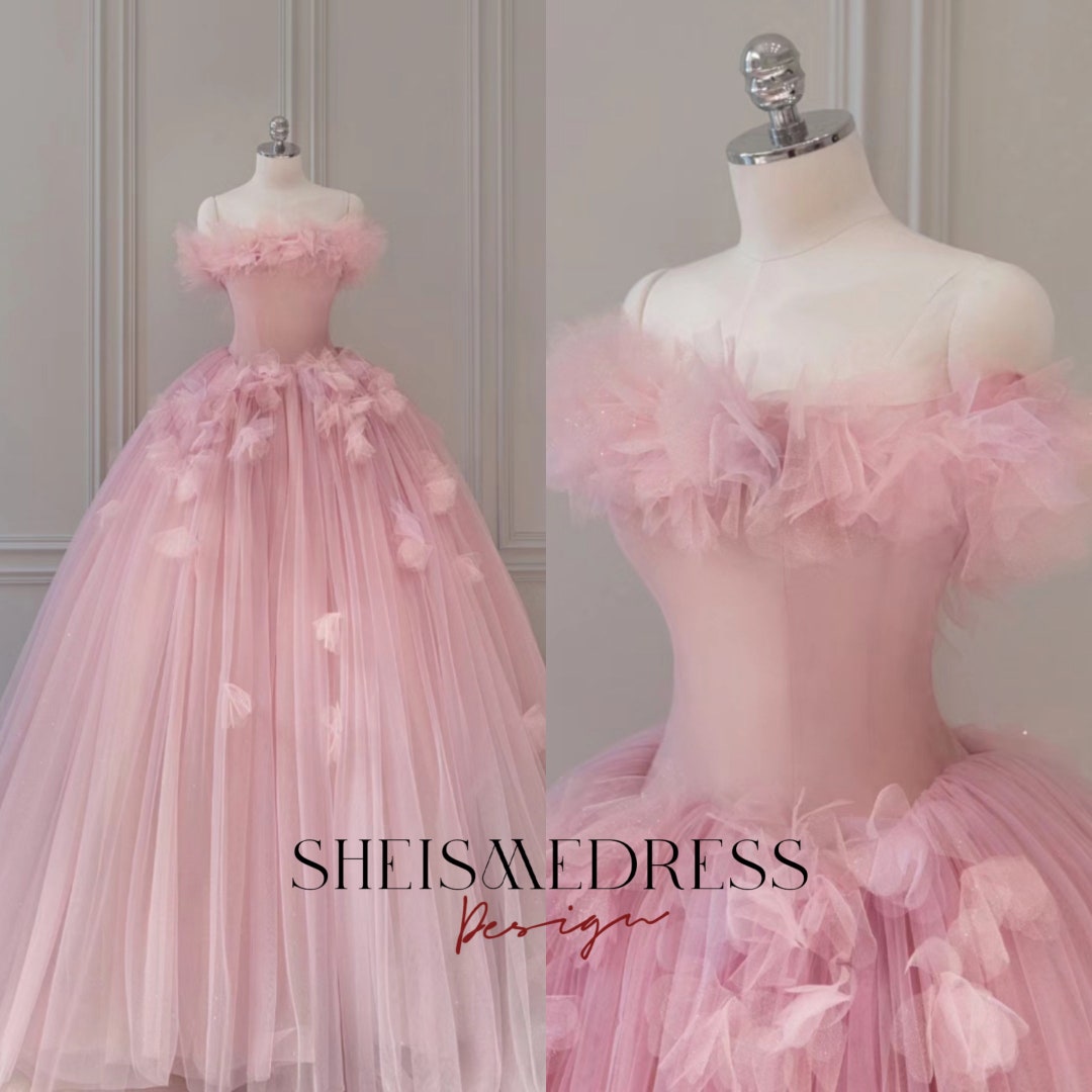 Buy Pink Fairy Wedding Dress Handmade Flower Ball Gown off the Shoulder ...