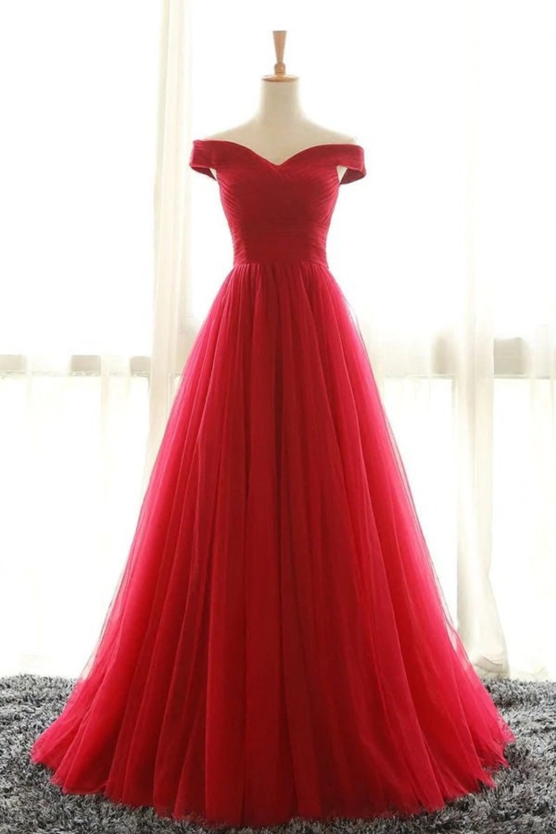 1940s Evening, Prom, Party, Formal, Ball Gowns     Tulle A-Line Off-Shoulder Floor Length Prom Dress  AT vintagedancer.com