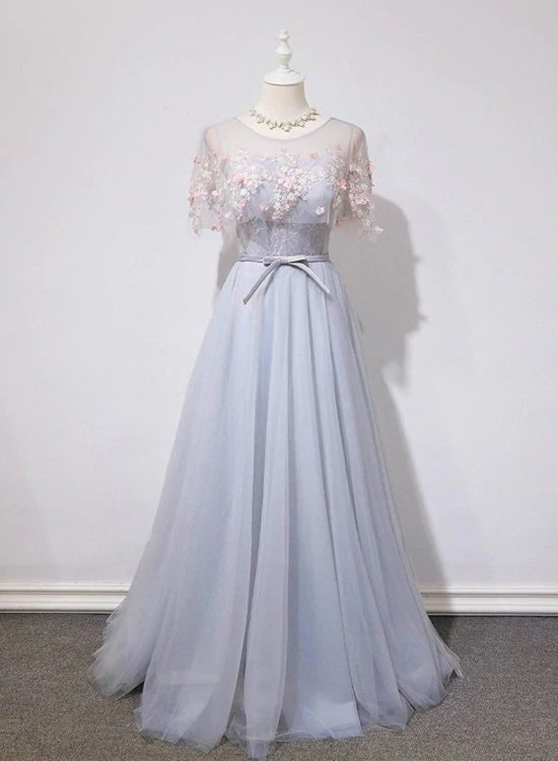 Vintage Evening Dresses     Scoop Neck A-Line Short Sleeves Floor Length Prom Dress Evening Dress  AT vintagedancer.com