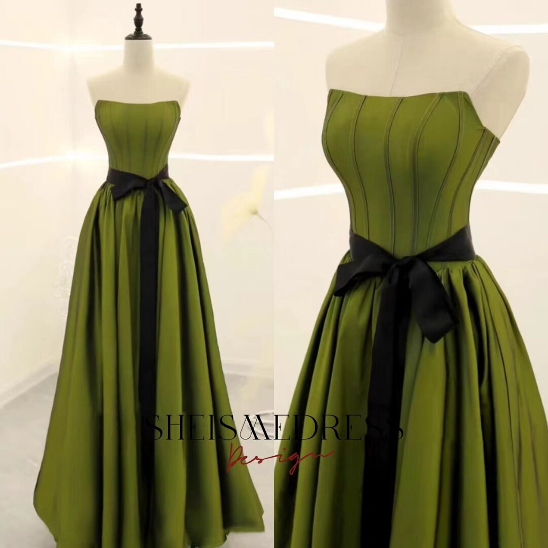 Green and Gold Evening Dress Aline Strapless Sleeveless Elegant Formal