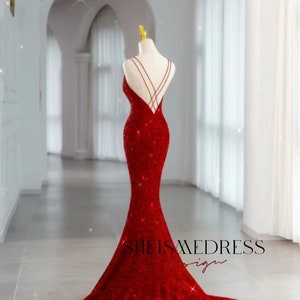 Red Sequins Evening Dresses Long Luxury 2023 Party Gown Spaghetti Strap ...