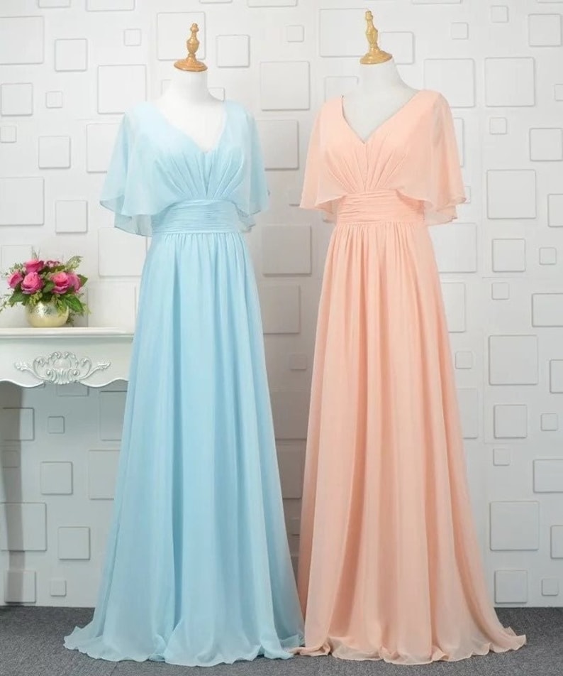 70s Sequin Dresses, Disco Dresses     Simple V-neck Chiffon Flowy Bridesmaid Dress Floor Length A-Line Dress with Short Sleeves  AT vintagedancer.com