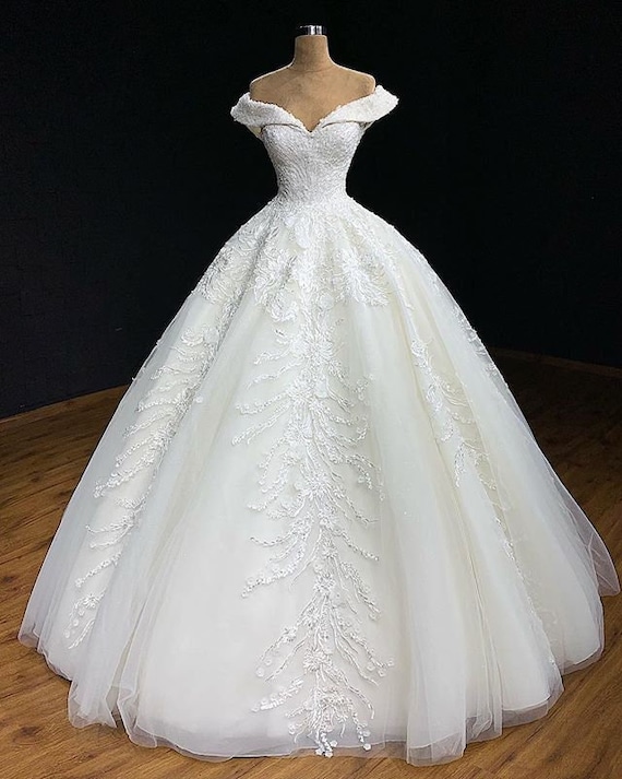 Off-shoulder Appliques Beading Wedding Dress Ball Gown Floor - Etsy