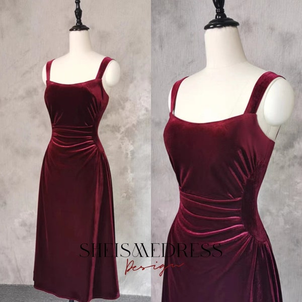 Burgundy Velvet Spaghetti Strap Square Neck Prom Dress,Bridesmaid Dress, Velvet Midi Slip Dress