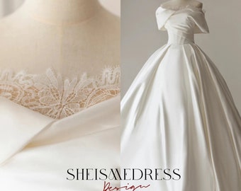 Elegant Wedding Dress Off Shoulder Boat Neck Backless Lace Up Satin Sweep Train Wedding Gowns Bride Dress Wedding Gift