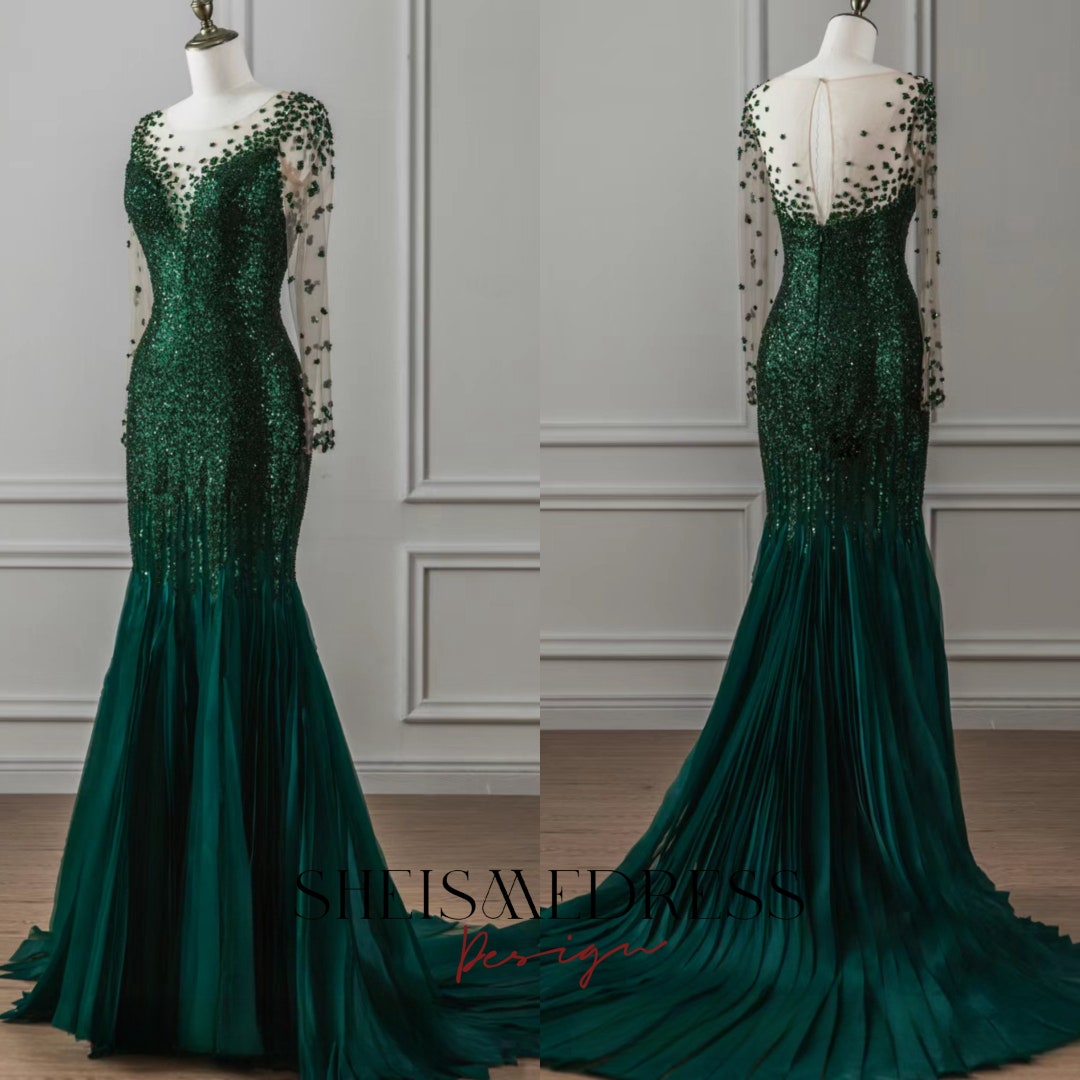 Green Evening Dresses for Women Crystal Beaded Long Sleeve Bodice ...