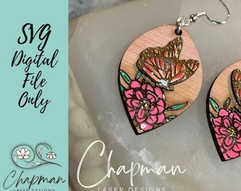May include: A pair of wooden earrings featuring a butterfly and flower design. The earrings are painted in shades of pink, green, and brown. The earrings are available as a digital download.