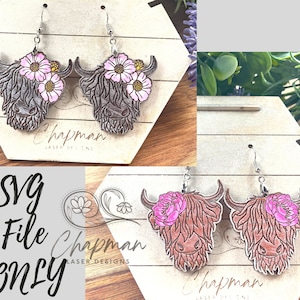 Highland Cow Earring Bundle / Digital Laser Engrave File / Farm Animal Earrings / Wood Earring SVG File / Cow SVG / Highland Cow