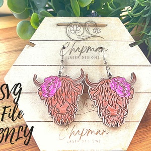 Highland Cow Earring /  Digital Laser Engrave File /  Farm Animal Earrings /  Wood Earring SVG File / Cow SVG /  Highland Cow / Earring SVG