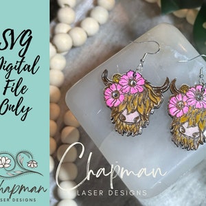 Highland Cow Earring /  Digital Laser Engrave File /  Farm Animal Earrings /  Wood Earring SVG File / Cow SVG /  Highland Cow / Earring SVG