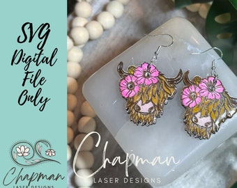 Highland Cow Earring /  Digital Laser Engrave File /  Farm Animal Earrings /  Wood Earring SVG File / Cow SVG /  Highland Cow / Earring SVG