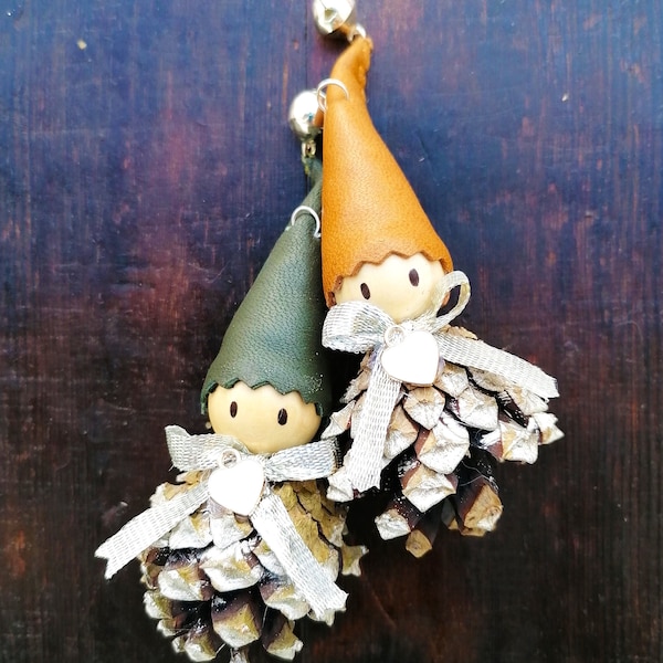 2 christmas tree ornament,christmas tree decoration,christmas pine cone gnomes,leather pine cone ornament,pine cone christmas elves