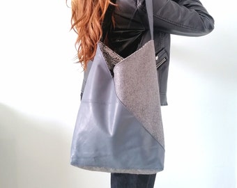 Leather shoulder bag, Japanese woman's hand bag, asymmetrical tote bag, wool and cotton blue shoulder bag