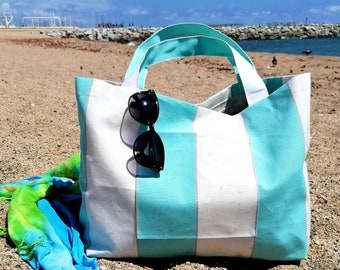 beach bag, summer tote bag, beach accesories, waterproof beach bag, striped beach bag, blue beach bag, shoulder bag, yellow stripes tote bag