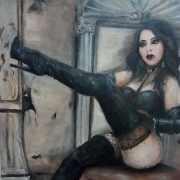 BDSM kinky boots long gloves fetish art original oil painting  gothic pinup vintage print model leather adult handpainted  spy limited