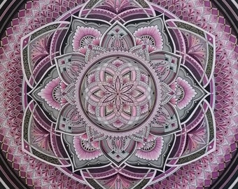 ORIGINAL HANDDRAWN 70 x 50 cm Pink Flowers Art Wallart Paintings Mandala Pictures hand-drawn