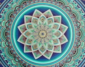 ORIGINAL HANDDRAWN 70 x 50 cm TURQUOISE Art Wallart Paintings Mandala Pictures hand-drawn