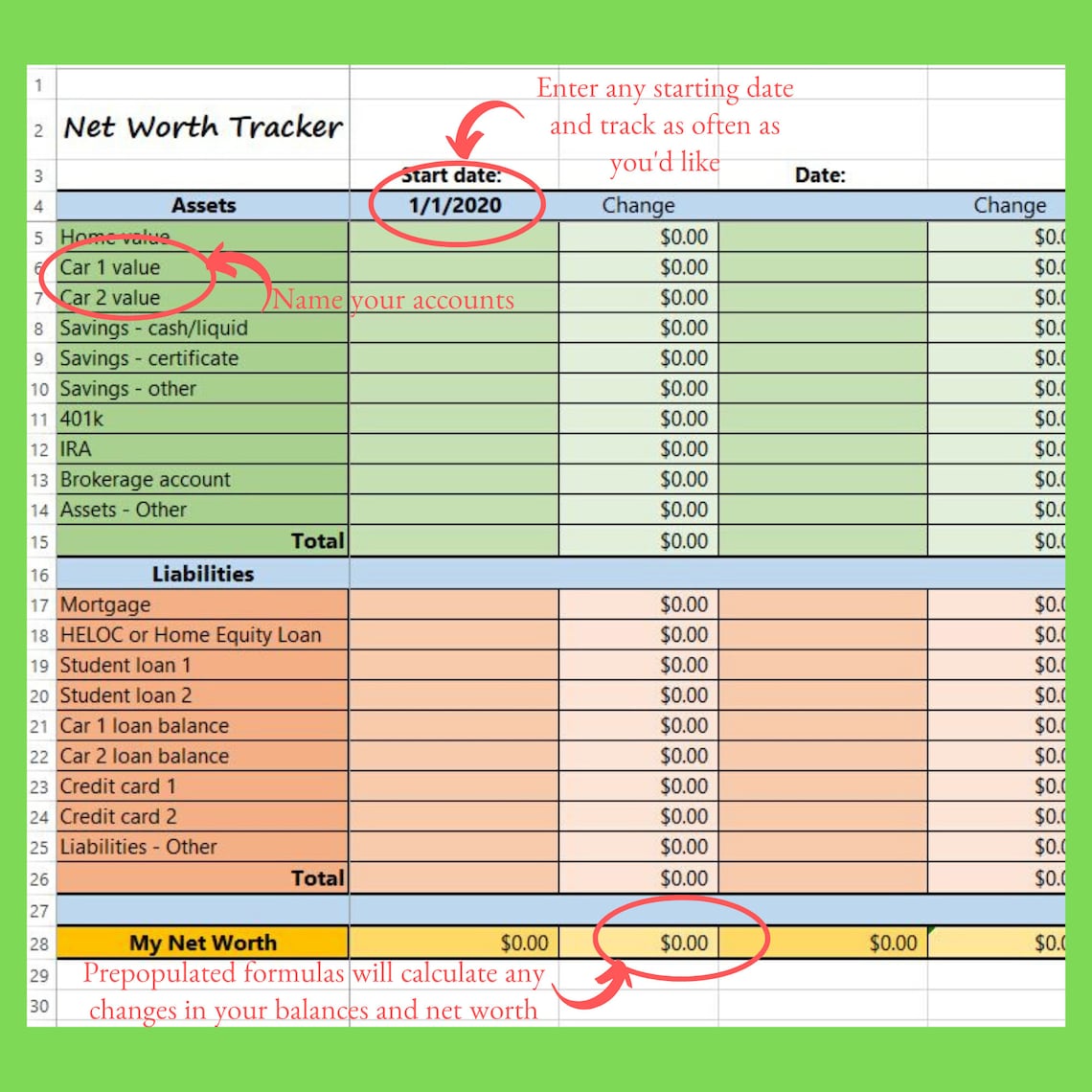 Net Worth Tracker Template, Fully Editable Annual Worksheet Etsy