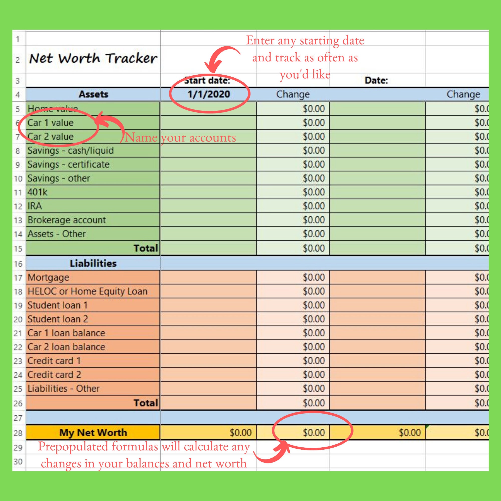 Net Worth Tracker Template Fully Editable Annual Worksheet Etsy