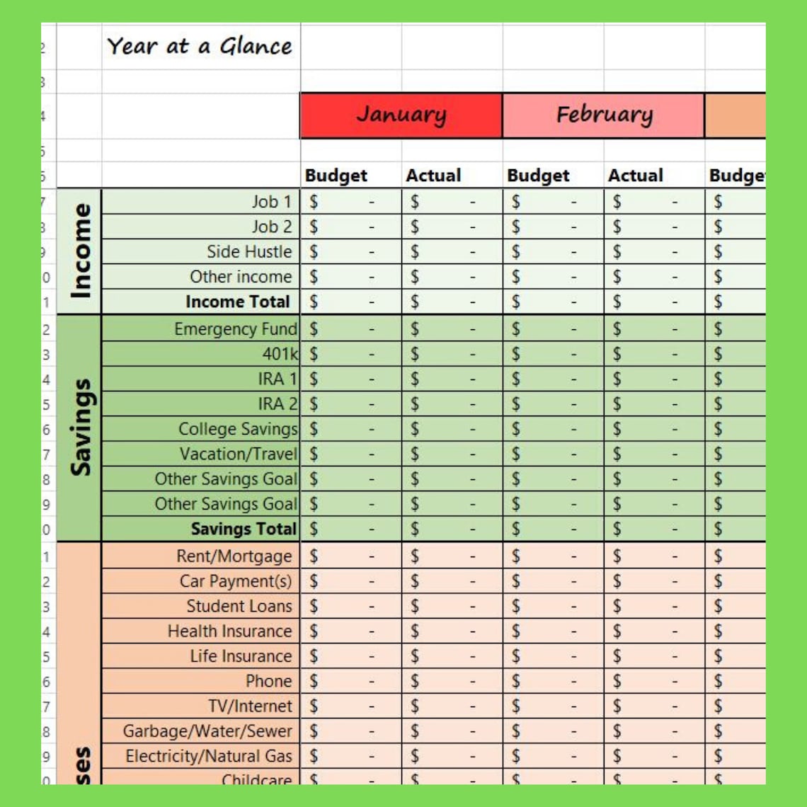 12month Simple Budget Tracker Template, Fully Editable Worksheet