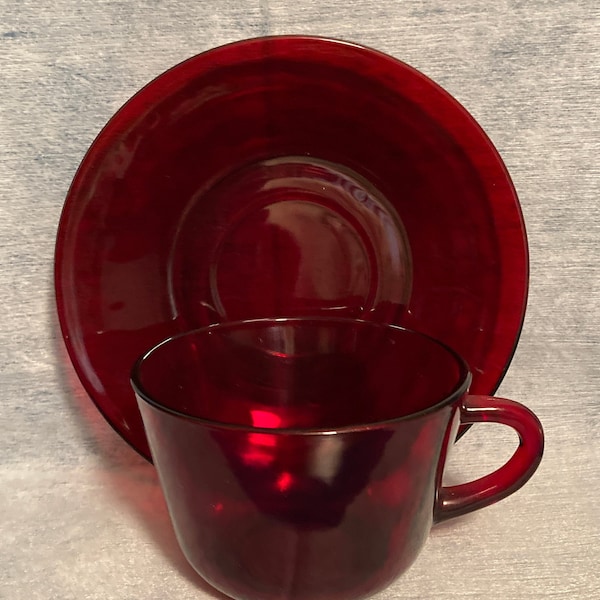 Vintage Dark Ruby Red Glass Coffee Teacup Saucer Set Pre-Owned Red Glass