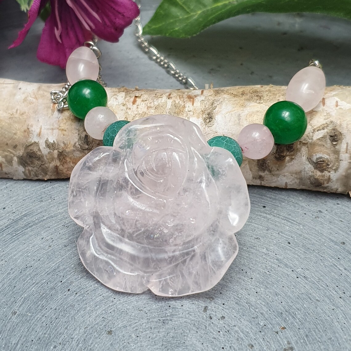 Chain Rose Quartz Jade Agate With Rose From Rose Quartz | Etsy