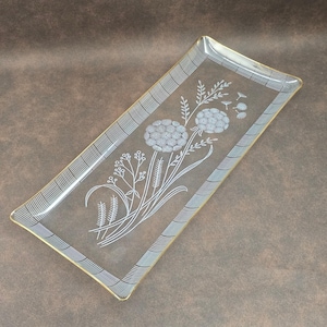 Square glass cake plate 33 cm – Heye – 1970s vintage – with gold rim & dandelions
