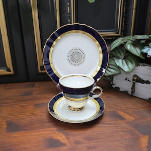 May include: A blue and gold teacup and saucer set with a matching plate. The teacup and saucer have a gold trim and a blue band around the rim. The plate has a gold trim and a blue band around the edge.